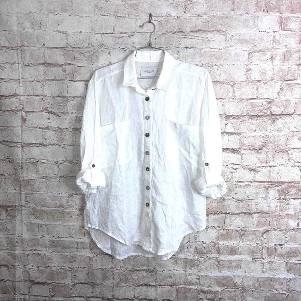Azulu Linen Button Down Shirt in Pure White Size Small - Picture 2 of 7